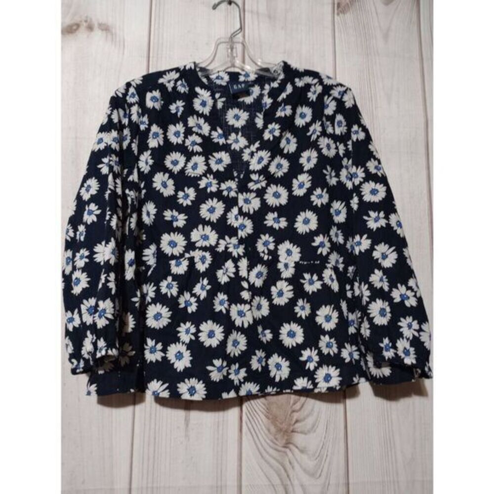GAP Womens Navy Blue Daisy Print Collared Long Sleeve Peplum Blouse Top Size S